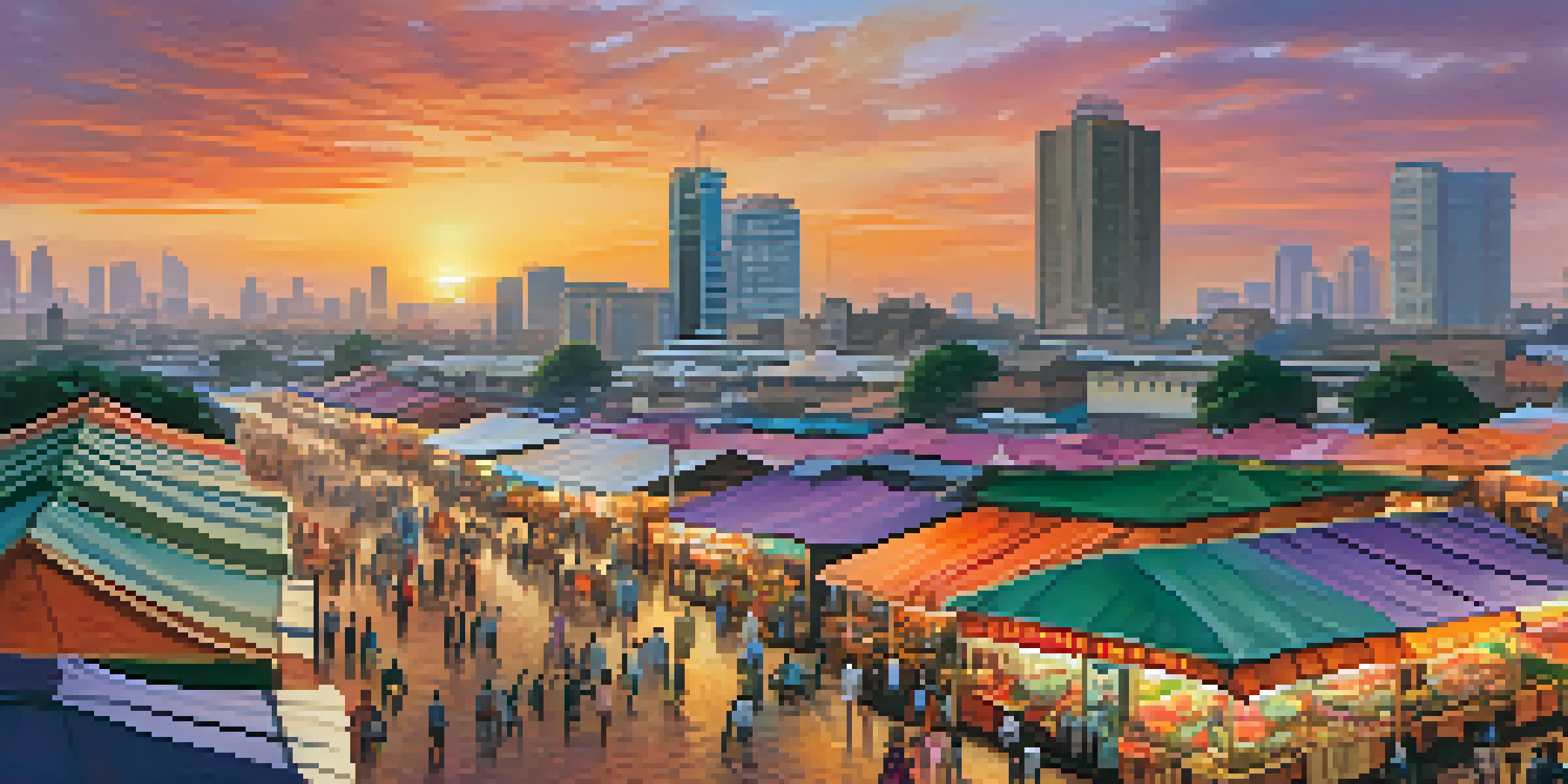 A panoramic view of Nairobi's skyline at sunset, with colorful skies and a bustling street market in the foreground.