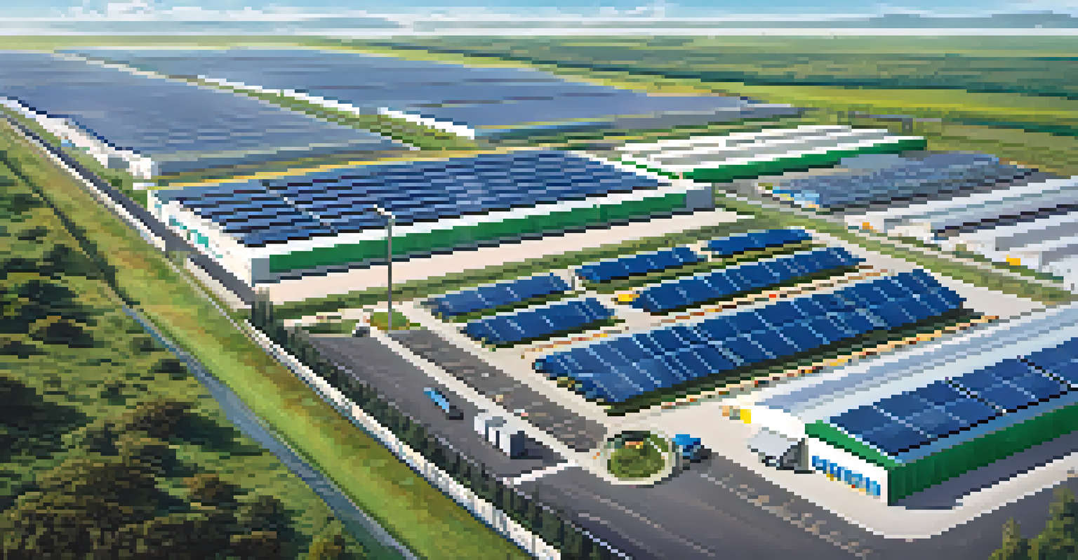 Aerial view of a modern logistics center with trucks and containers, showcasing green spaces and solar panels.