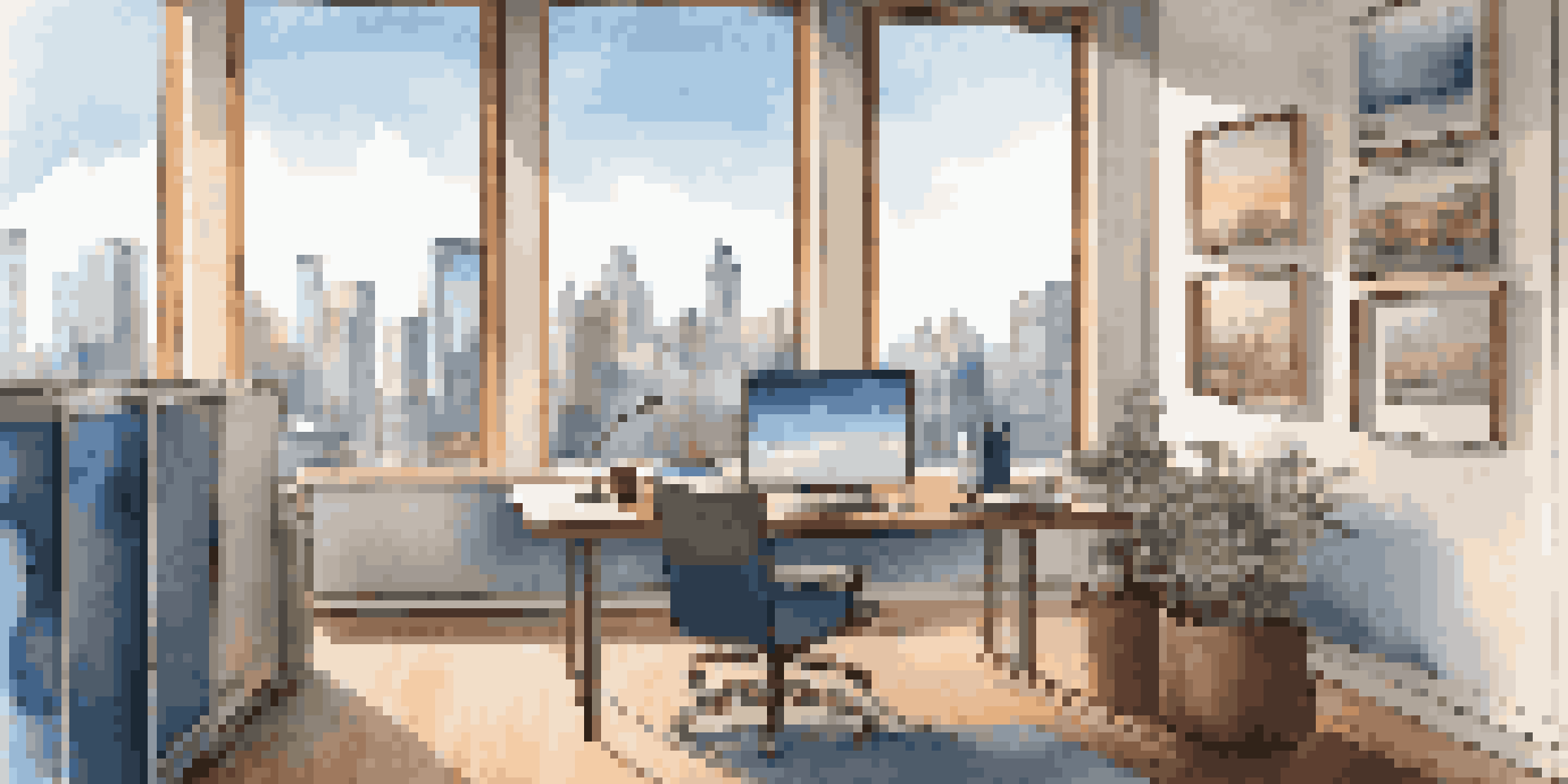 A bright office workspace with a city skyline view, featuring a laptop and a coffee cup on the desk.