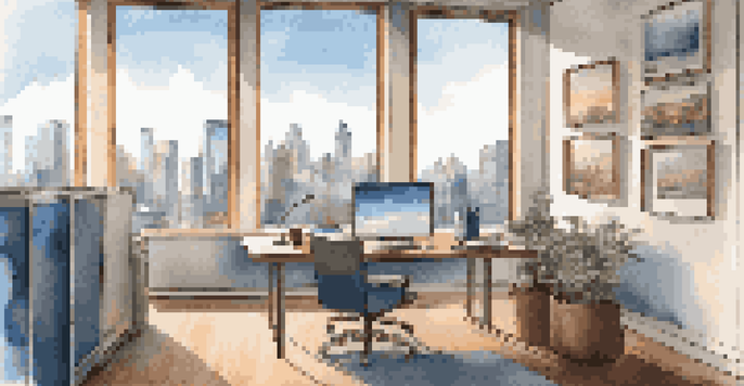 A bright office workspace with a city skyline view, featuring a laptop and a coffee cup on the desk.