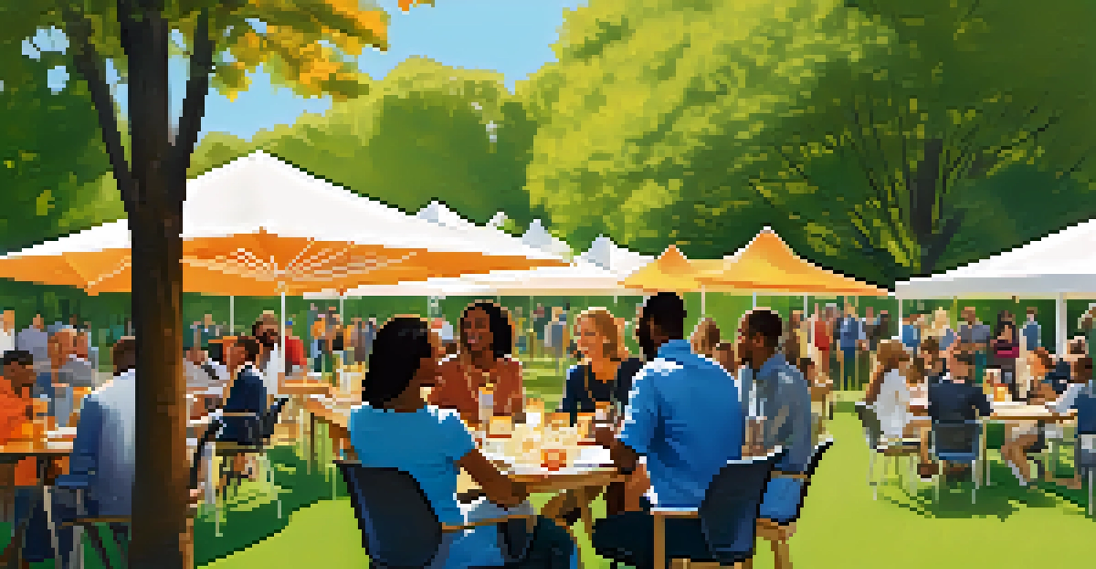 A sunny outdoor networking event in a park with diverse entrepreneurs socializing and exchanging ideas.