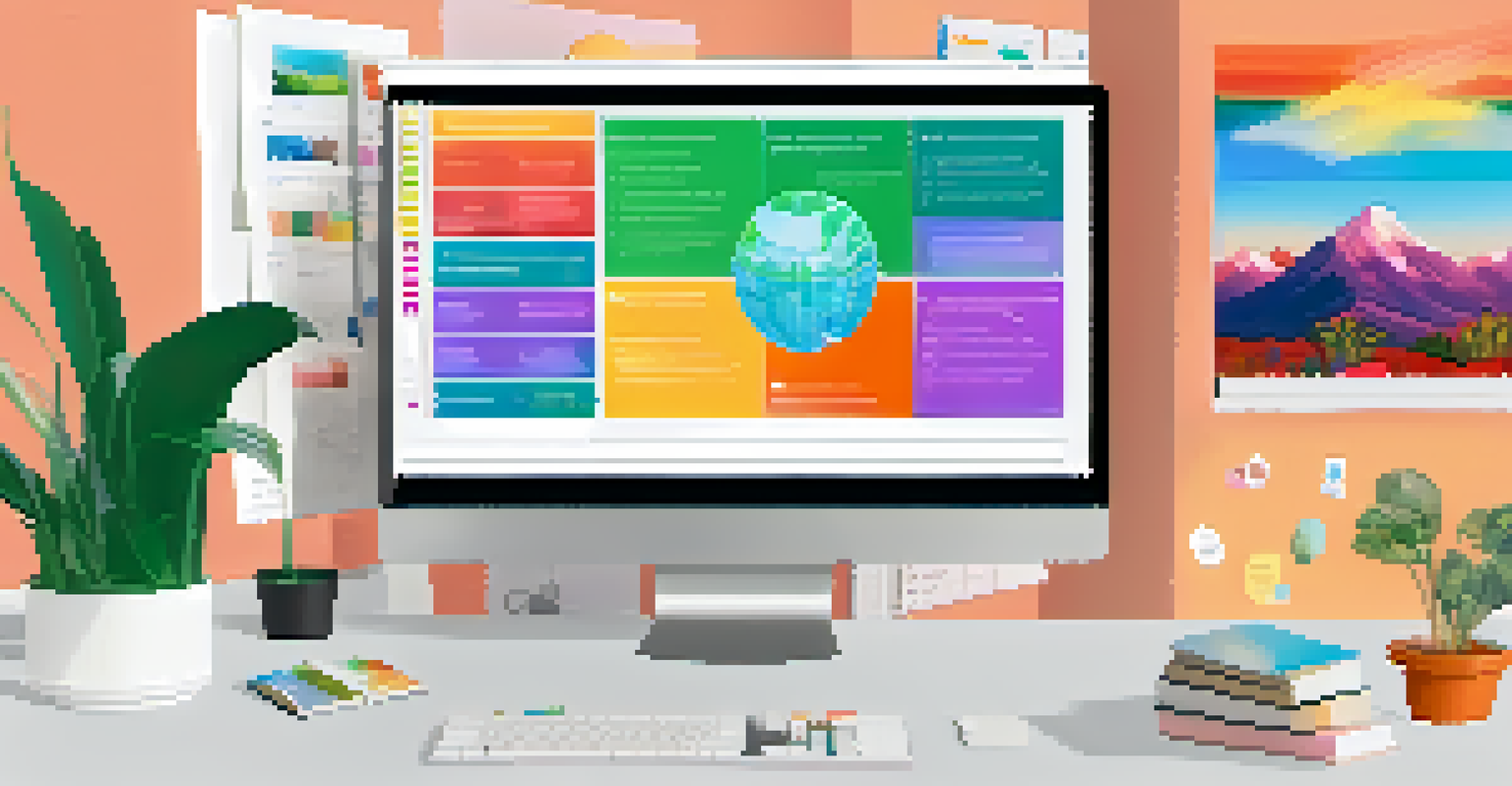 A digital brainstorming platform on a computer screen showing colorful charts and ideas, with a hand interacting with it.