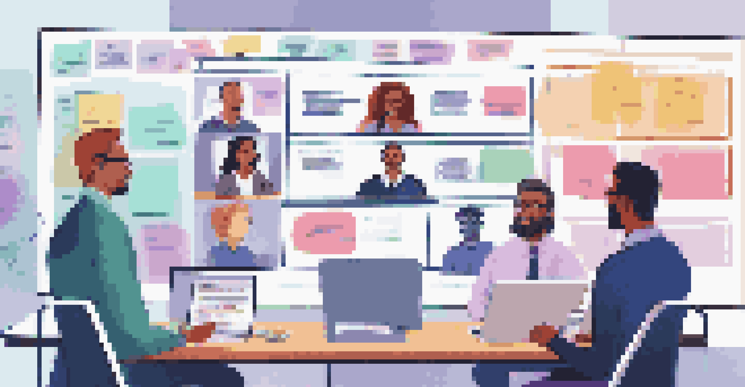 A virtual team meeting with diverse team members on screens, showcasing collaboration in a modern office.
