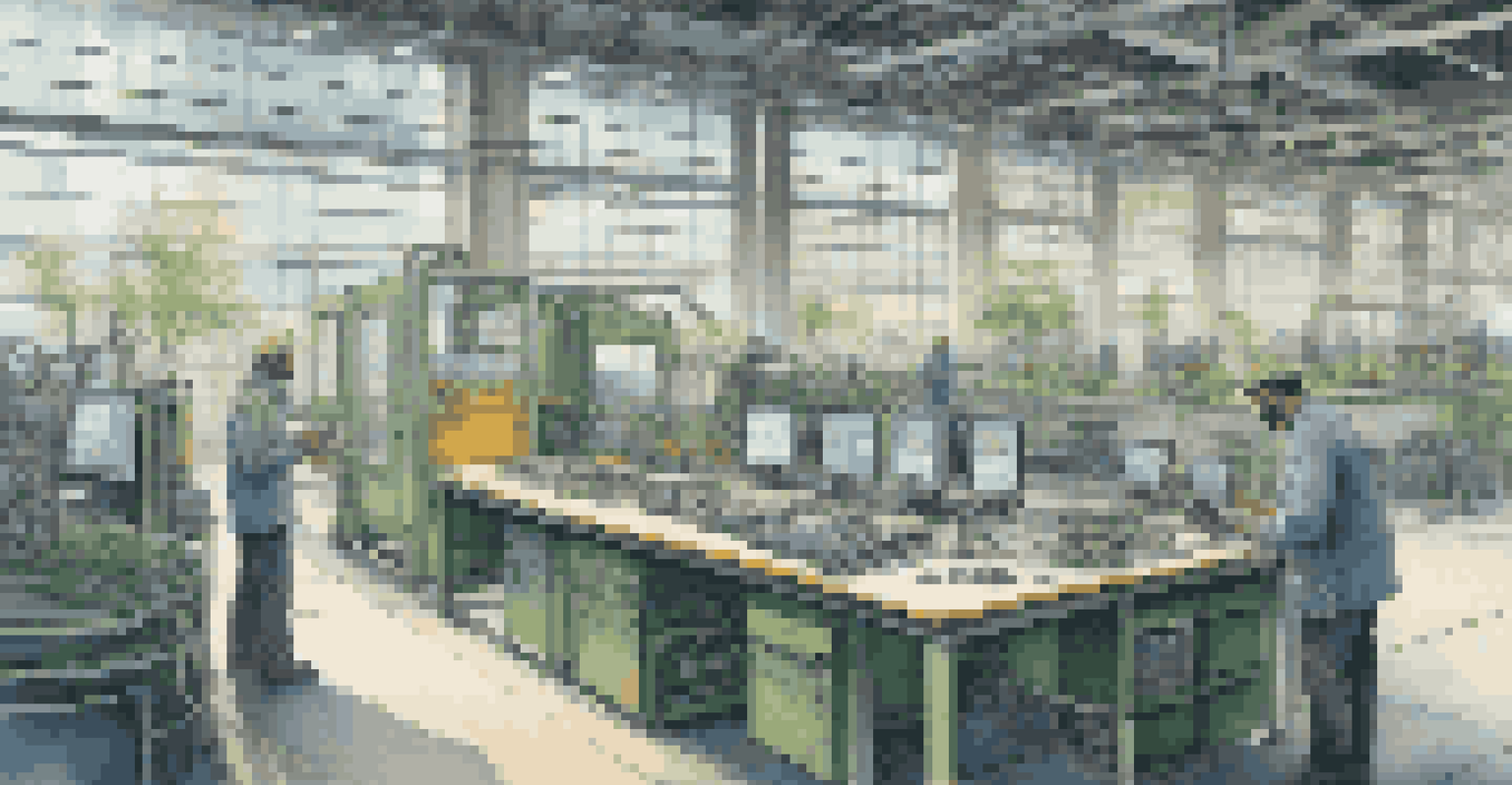 Workers in a modern factory using IoT technology for sustainability with natural light and greenery outside.