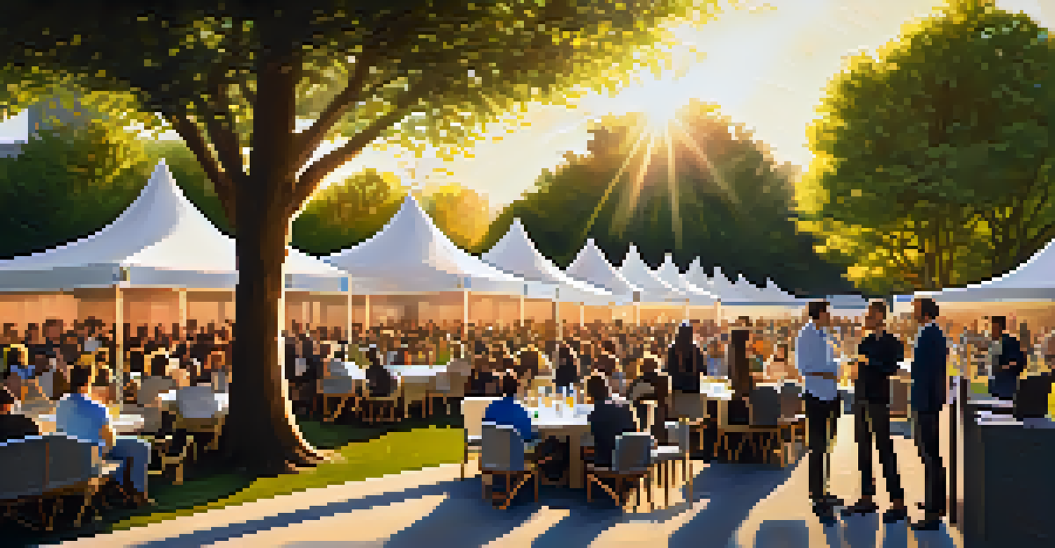 A startup pitch event in a park during sunset, with entrepreneurs presenting their ideas to investors and an engaged audience.