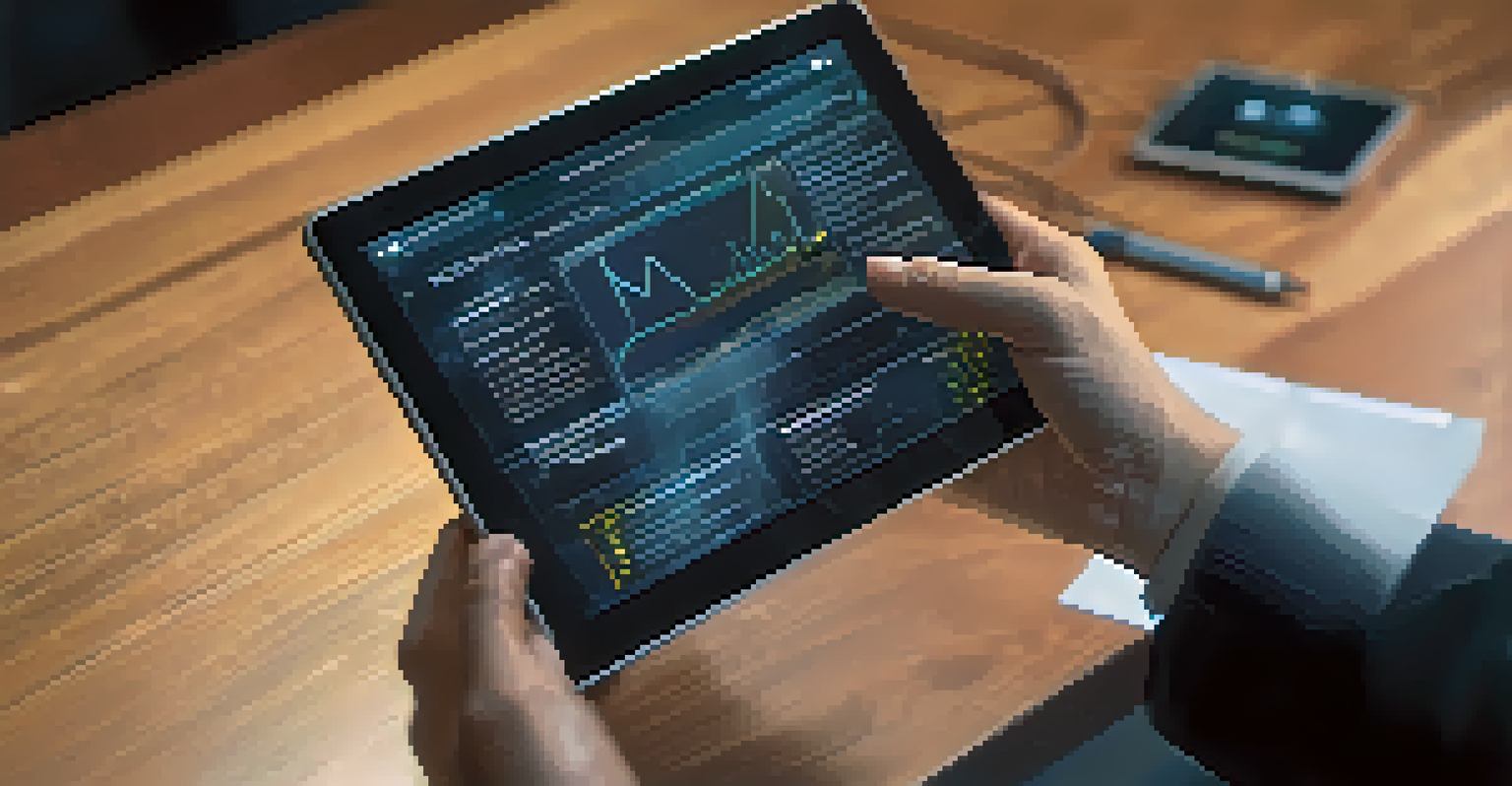 A close-up of a tablet showing a blockchain transaction interface with graphs and security features, with a hand hovering above.