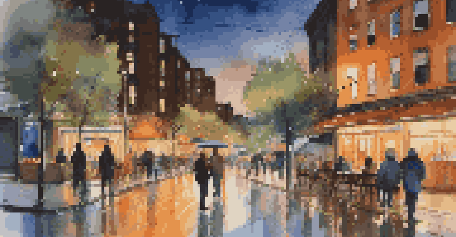 An urban street at dusk with warm streetlights, people walking, and a bustling café.