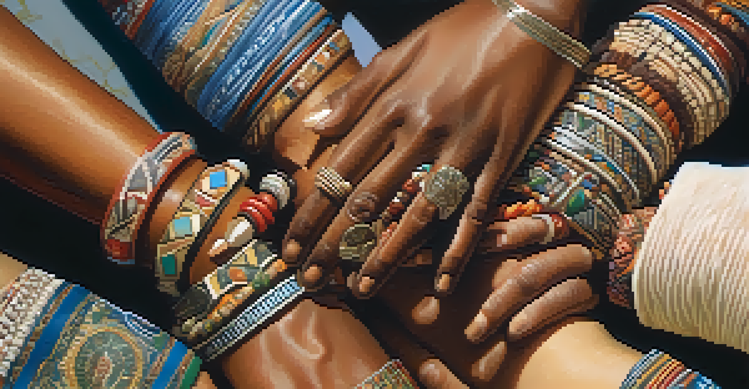 Close-up of diverse hands joining together in unity, showcasing cultural accessories and collaboration.