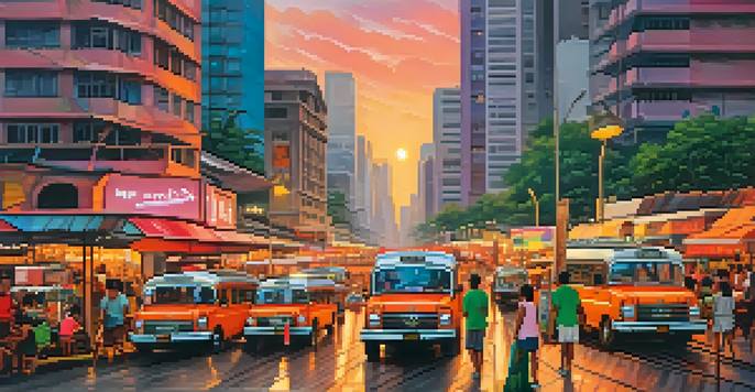 A vibrant Manila cityscape at sunset with skyscrapers, busy streets, and colorful jeepneys.