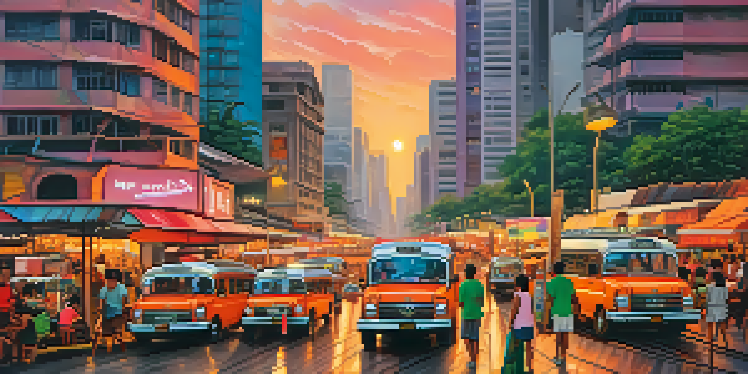 A vibrant Manila cityscape at sunset with skyscrapers, busy streets, and colorful jeepneys.