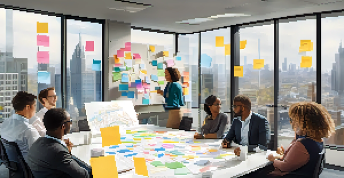 A diverse group of professionals collaborating in a bright office environment, brainstorming around a whiteboard with charts and sticky notes.