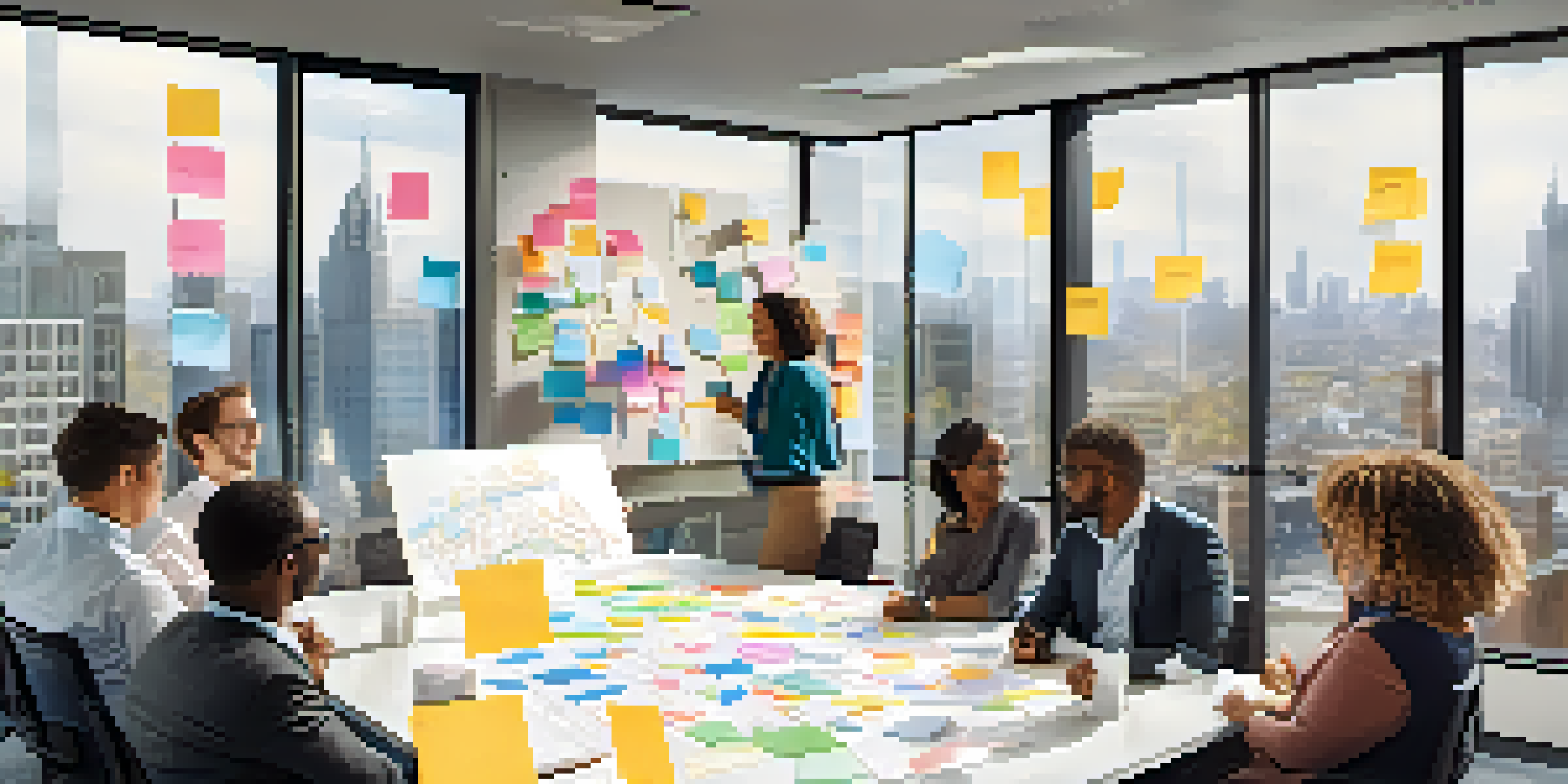 A diverse group of professionals collaborating in a bright office environment, brainstorming around a whiteboard with charts and sticky notes.