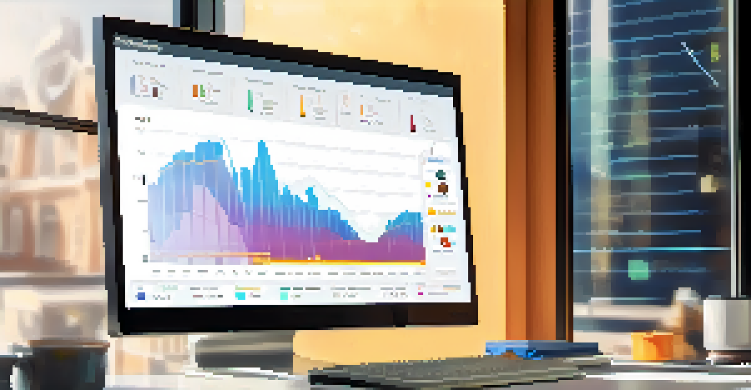 A computer screen with an interactive data dashboard showing colorful graphs in a bright office setting.