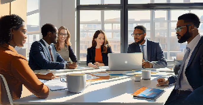 A diverse group of professionals in a modern office discussing collaboratively with visible emotions.