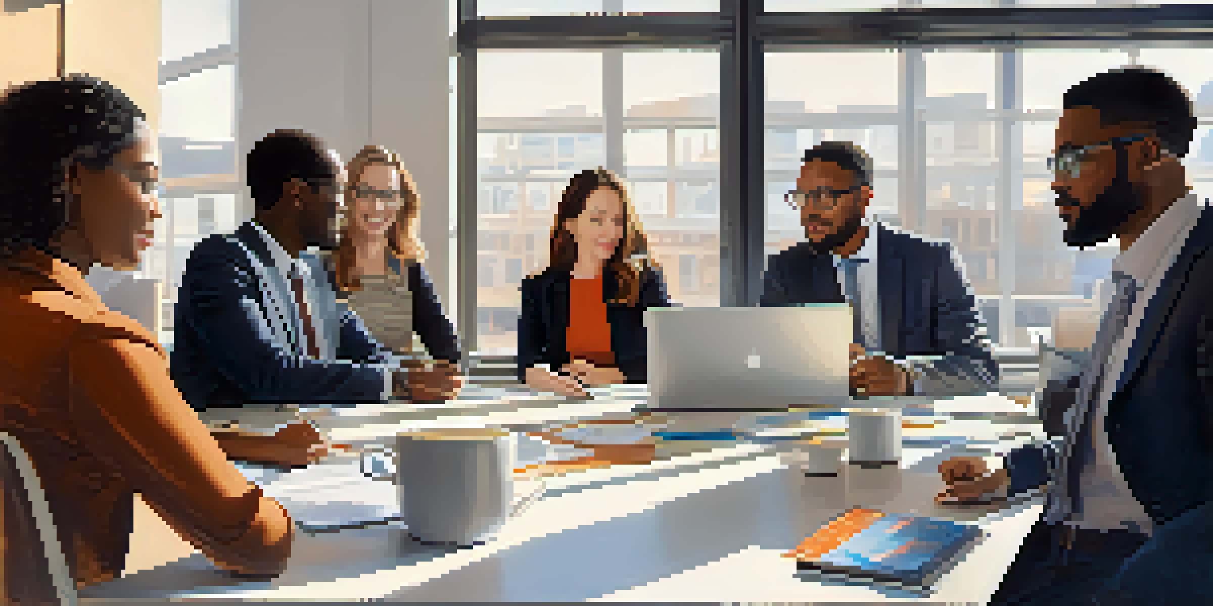 A diverse group of professionals in a modern office discussing collaboratively with visible emotions.
