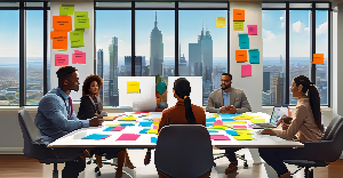A diverse group of employees brainstorming in a bright office with a city skyline view, surrounded by colorful sticky notes and laptops.