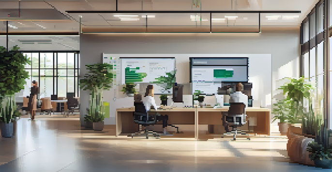 A group of professionals working together in a bright office, analyzing customer data on a large screen.