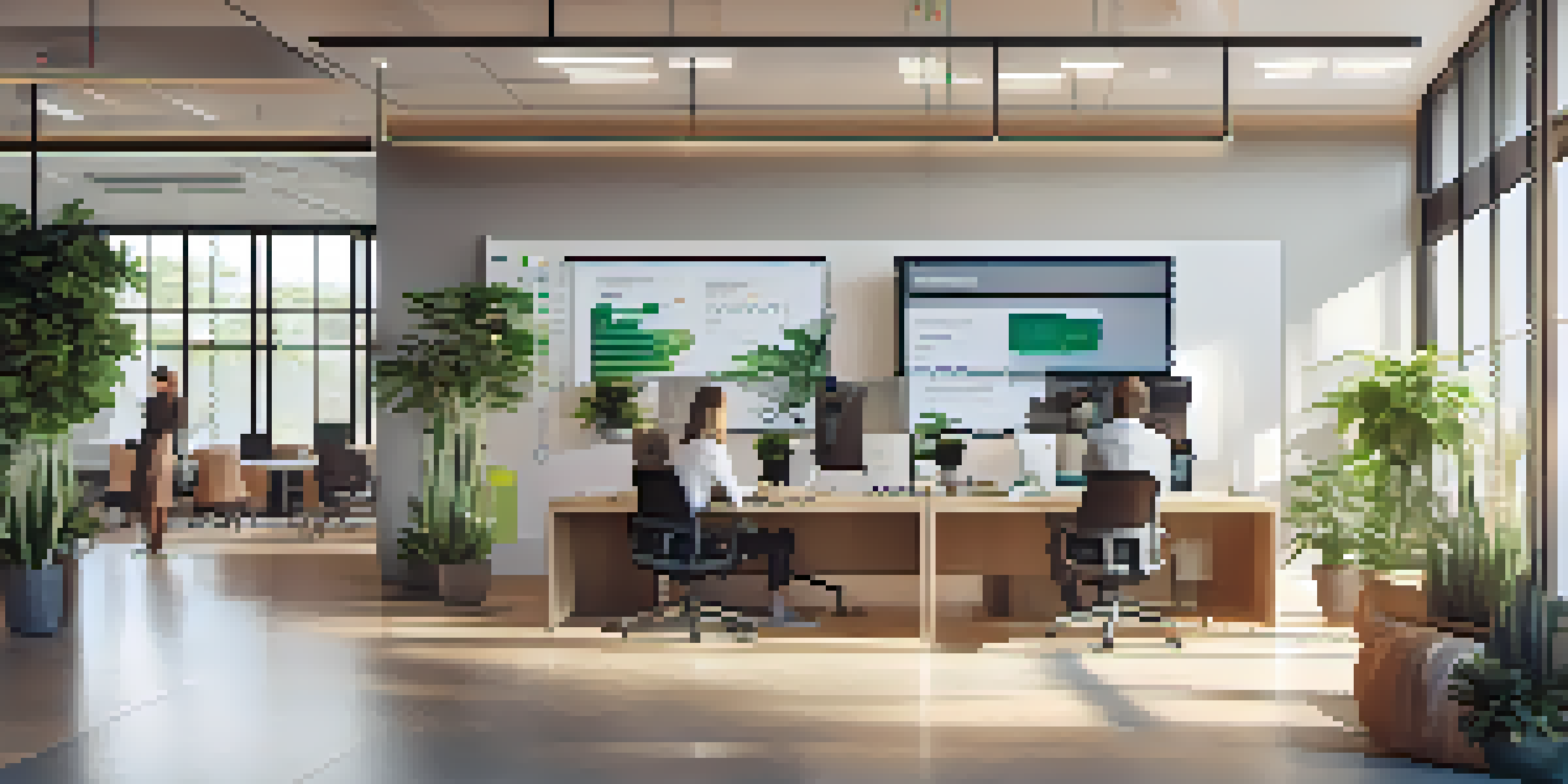 A group of professionals working together in a bright office, analyzing customer data on a large screen.