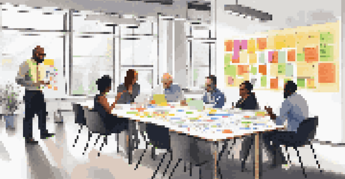 A diverse group of professionals collaborating in a bright office space, surrounded by sticky notes and charts, illustrating teamwork and stakeholder analysis.