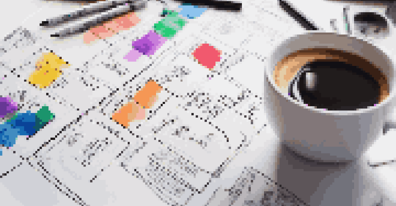 A hand sketching on a Business Model Canvas with colorful markers, set in a blurred office environment with motivational posters and a coffee cup.