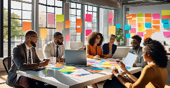 A diverse group of professionals collaborating in a bright office, surrounded by colorful notes and laptops.