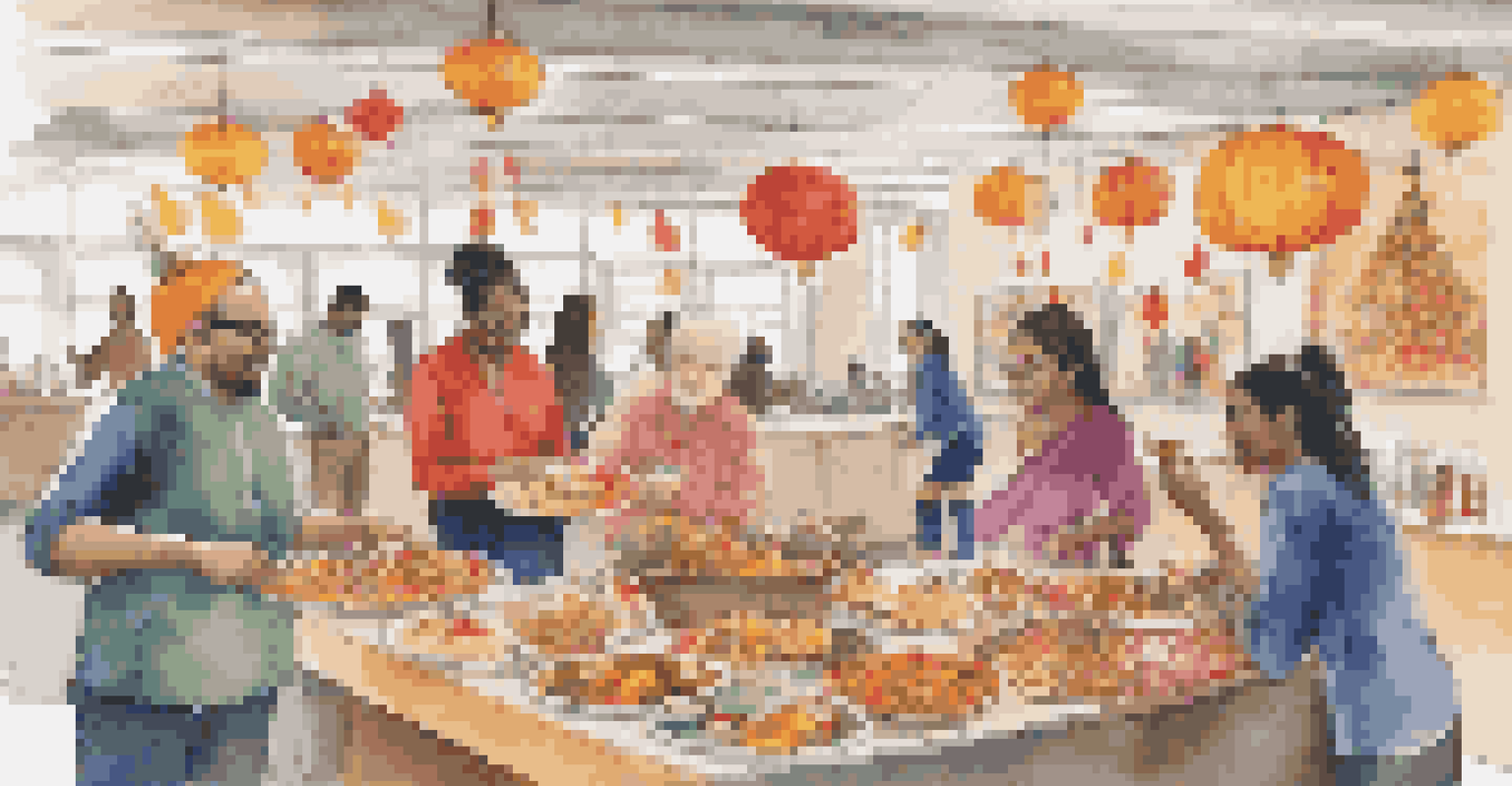 A workplace celebrating cultural diversity with decorations for various holidays and team members sharing food.