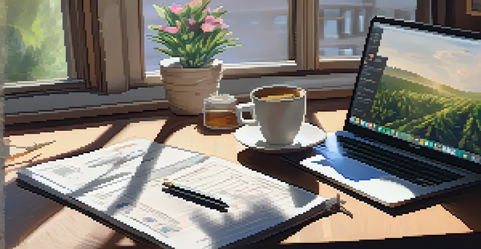 A wooden desk with a laptop and financial documents, illuminated by soft natural light, creating a warm workspace atmosphere.