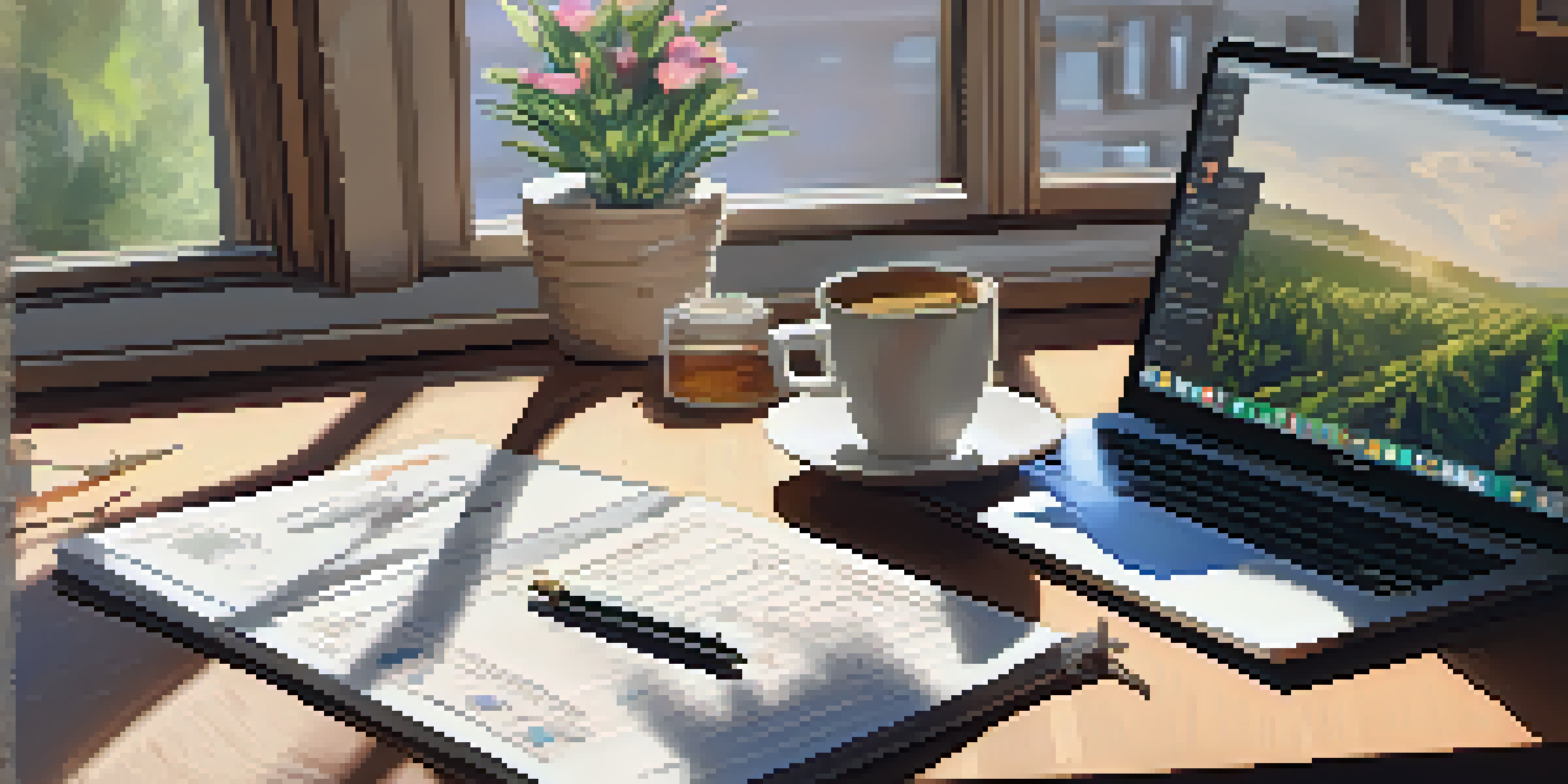 A wooden desk with a laptop and financial documents, illuminated by soft natural light, creating a warm workspace atmosphere.