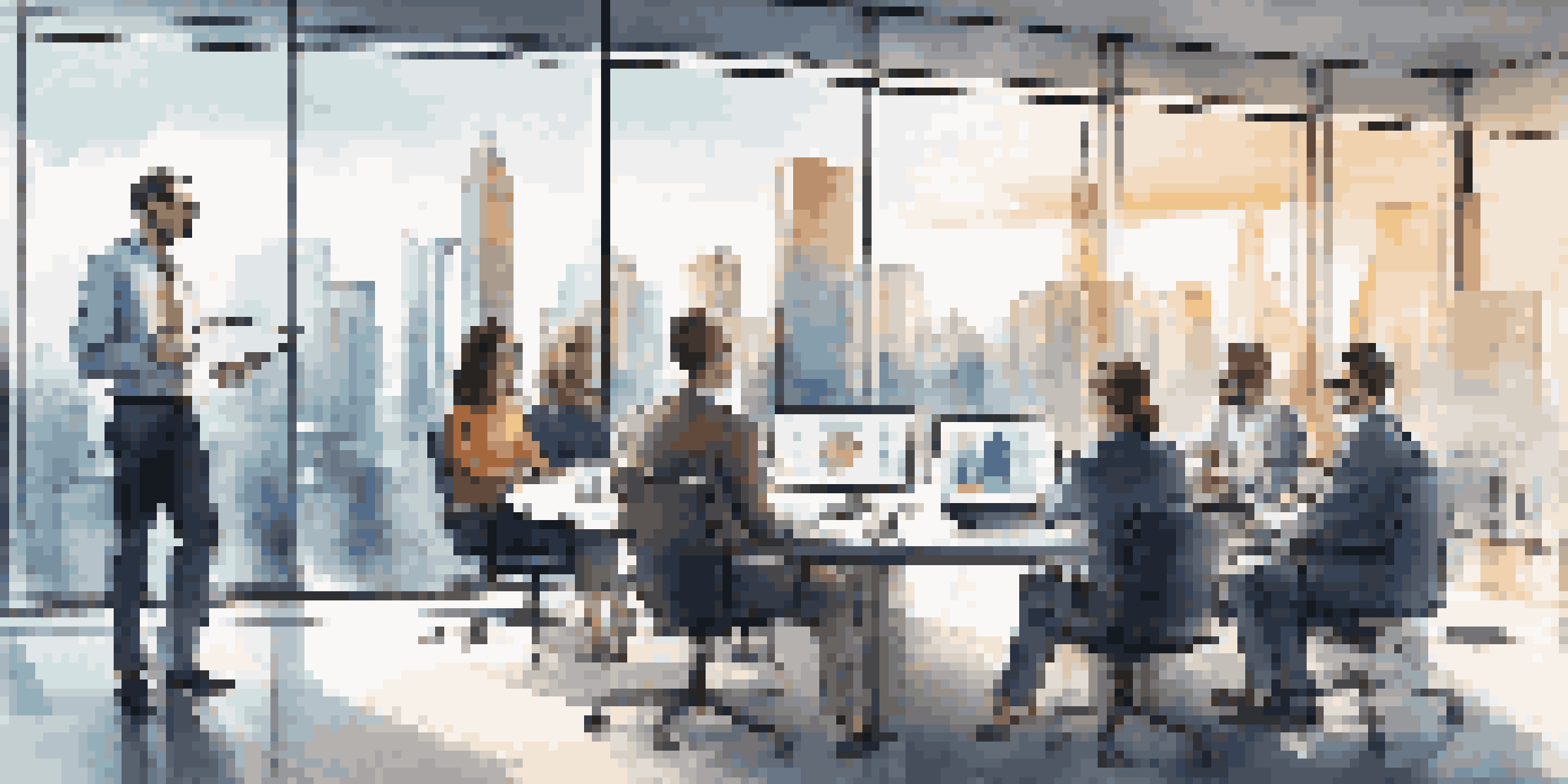 A diverse team of professionals in a bright office discussing AI-driven fraud detection strategies with graphs on a digital screen.