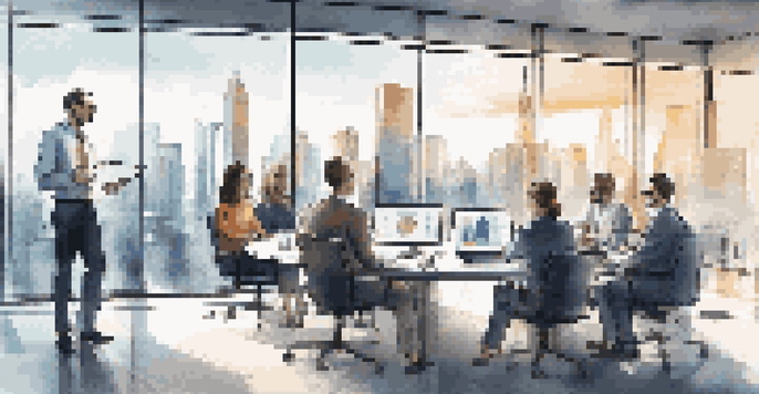 A diverse team of professionals in a bright office discussing AI-driven fraud detection strategies with graphs on a digital screen.