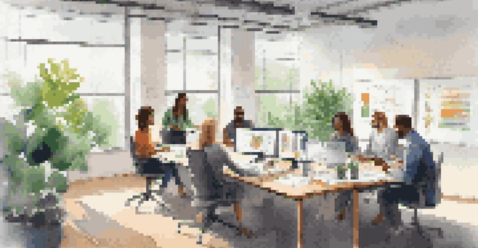 A diverse group of employees collaborating in a bright office meeting room with natural light and plants.