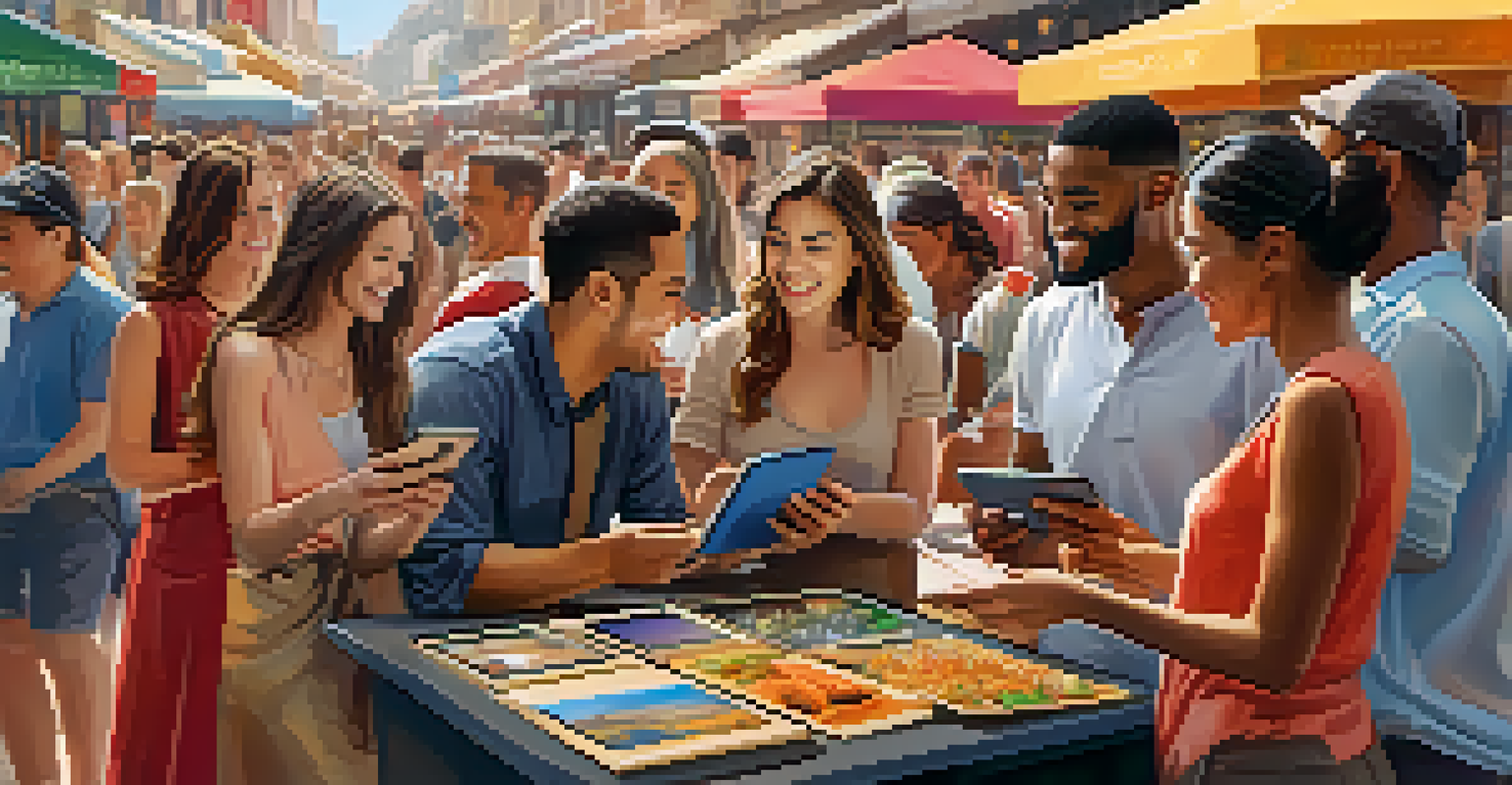 A vibrant marketplace with people interacting with devices, surrounded by positive digital feedback on a large screen.