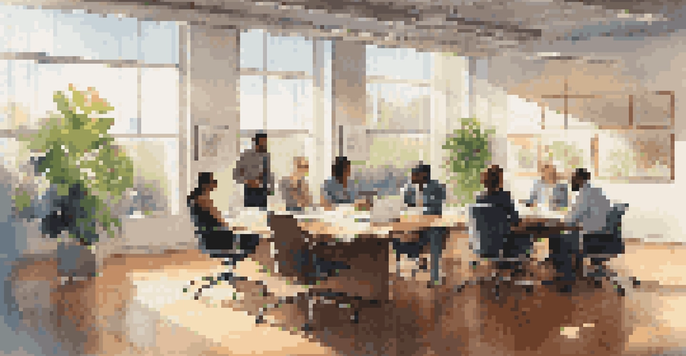 A bright and inviting modern office with diverse employees discussing around a conference table, surrounded by plants and artwork.