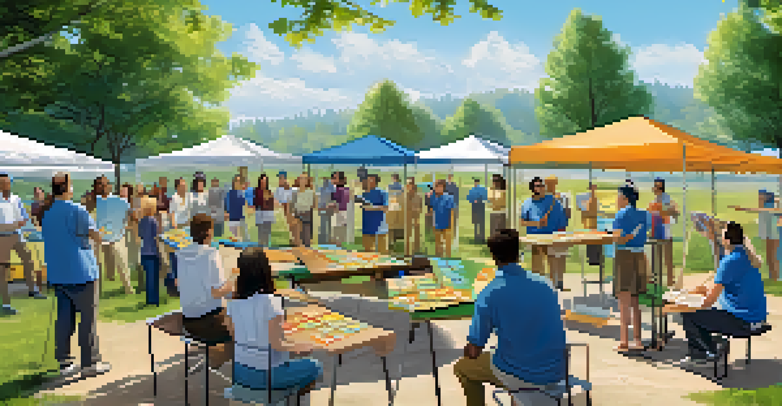 A team-building workshop outdoors with employees participating in interactive data literacy activities under a clear sky.