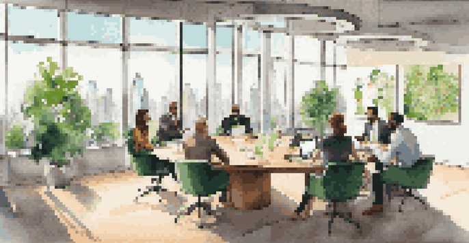 A bright modern office with a meeting taking place between venture capitalists and entrepreneurs, featuring a round table with laptops and charts.