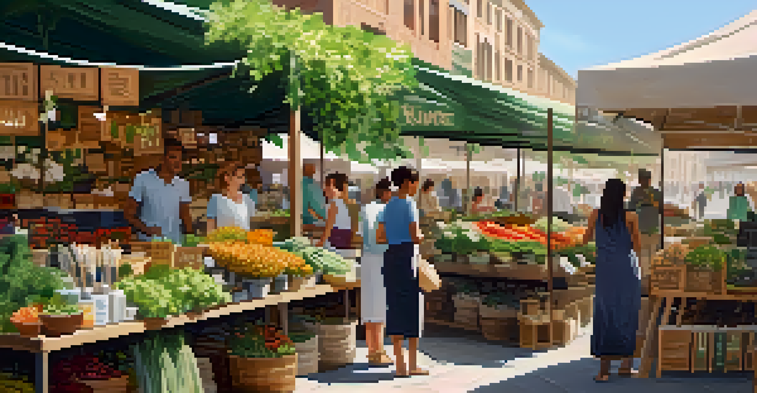 An outdoor marketplace featuring eco-friendly products and engaged shoppers. Stalls are decorated with greenery and handmade signs.