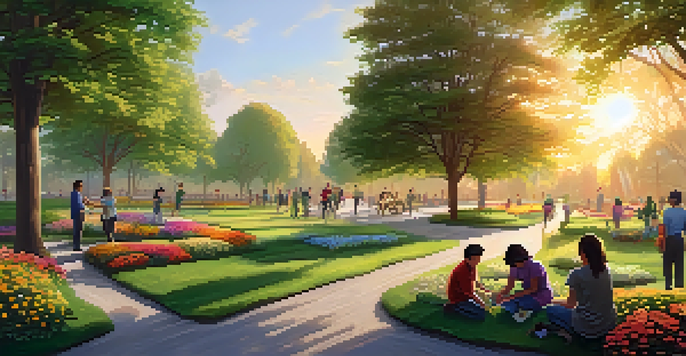 A vibrant park scene with people participating in community activities such as tree planting and cleanup, illuminated by a golden sunset.