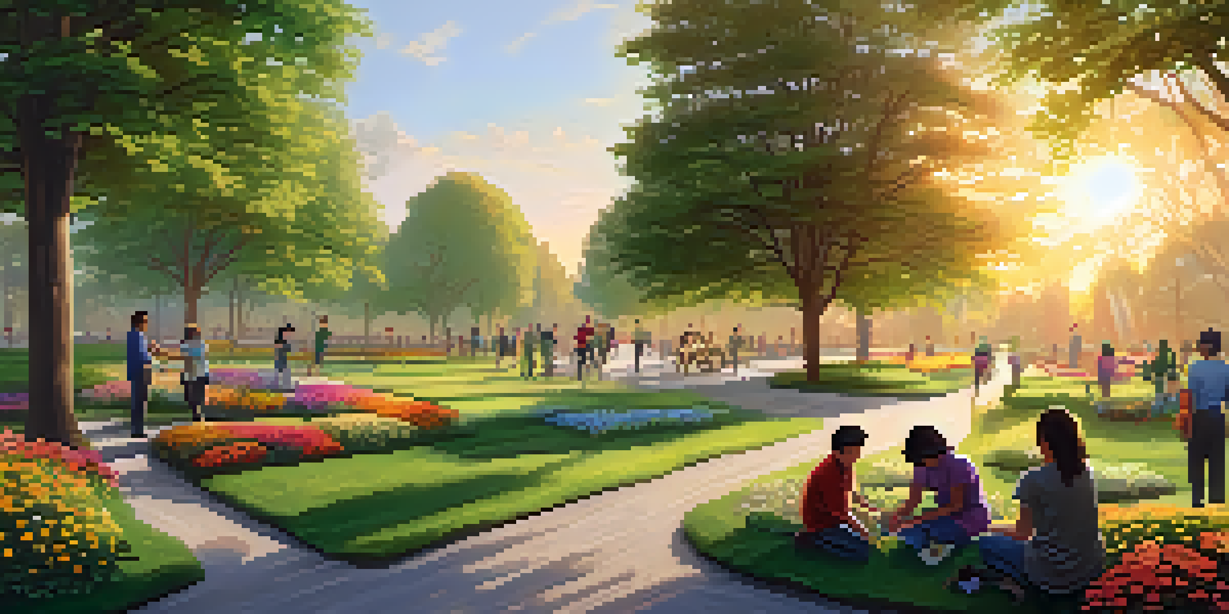A vibrant park scene with people participating in community activities such as tree planting and cleanup, illuminated by a golden sunset.