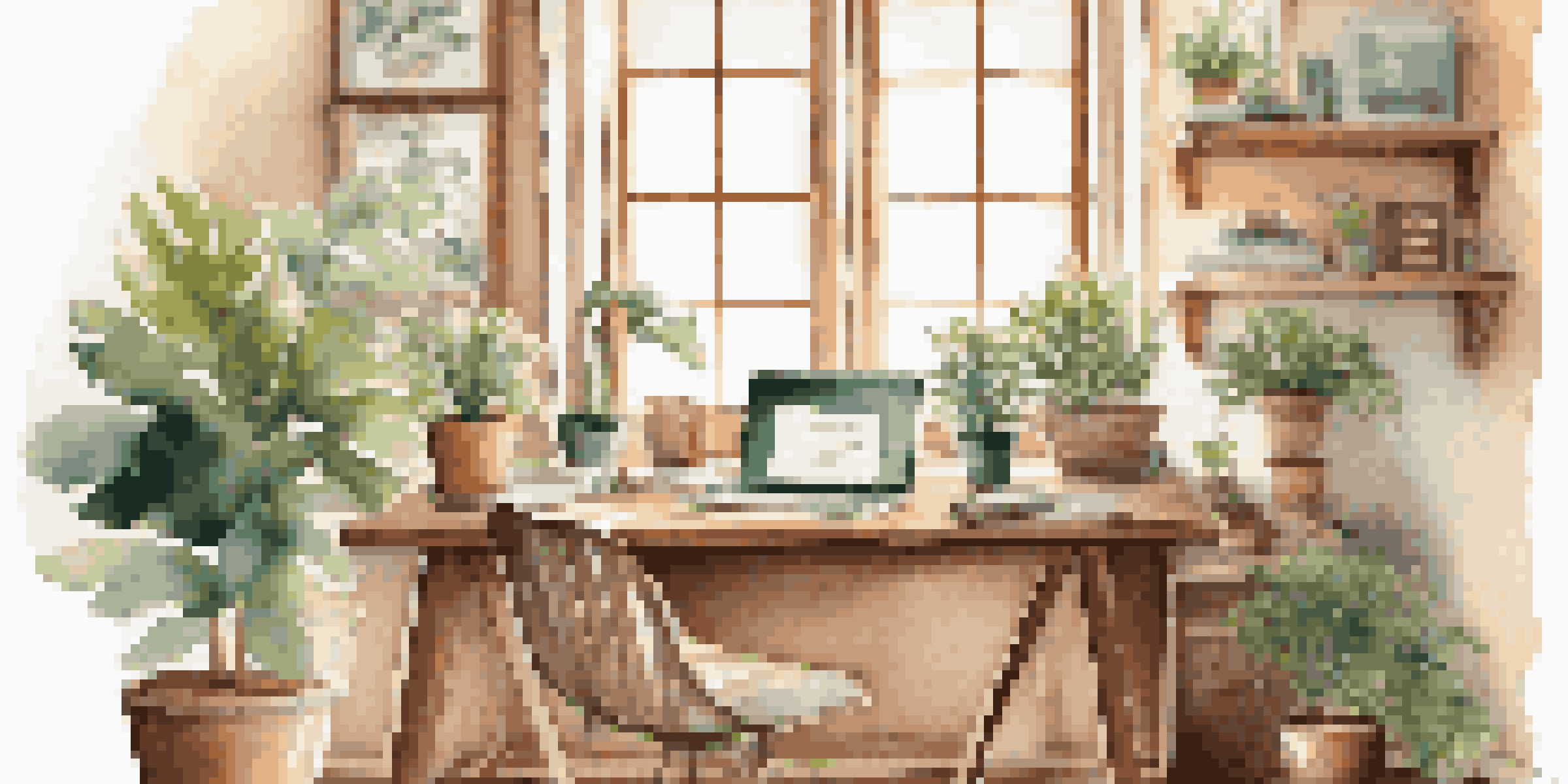 A cozy home office with a wooden desk, laptop, potted plant, and coffee cup, illuminated by sunlight.