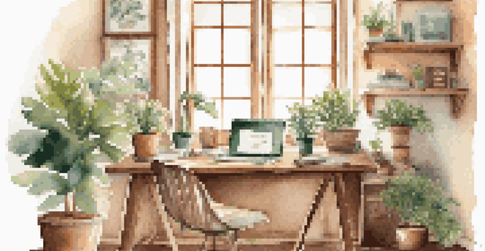 A cozy home office with a wooden desk, laptop, potted plant, and coffee cup, illuminated by sunlight.