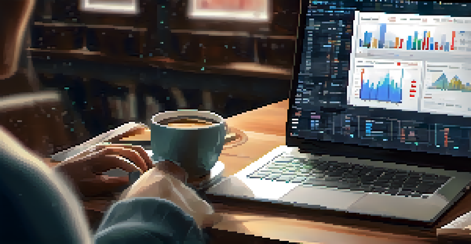 A close-up of a laptop showing data analytics with hands typing, cozy workspace with coffee.
