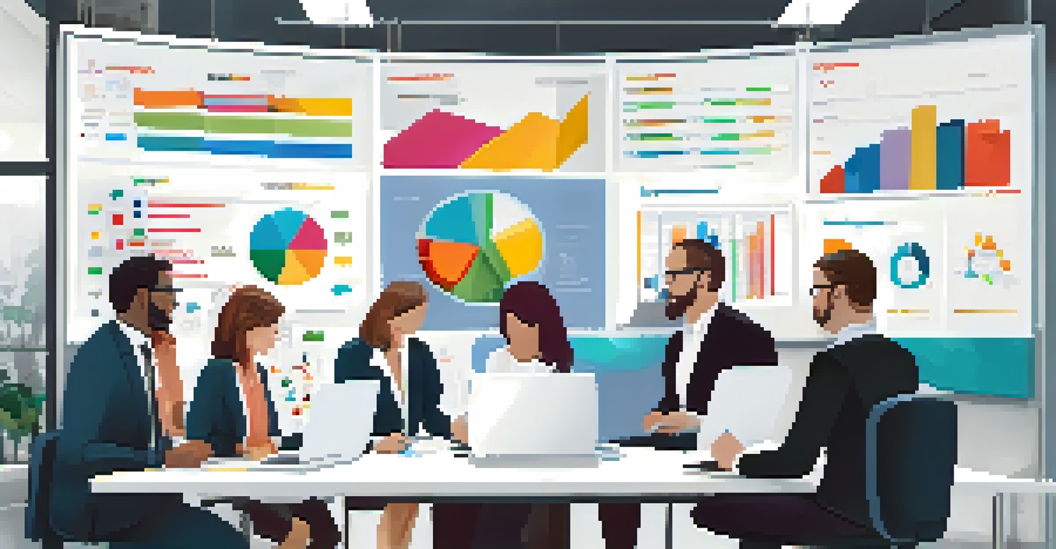 A team of professionals in a modern meeting room discussing risk assessment charts and graphs displayed on a large screen.