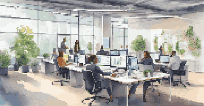 A bright and modern office with diverse employees collaborating at a conference table, surrounded by technology and greenery.