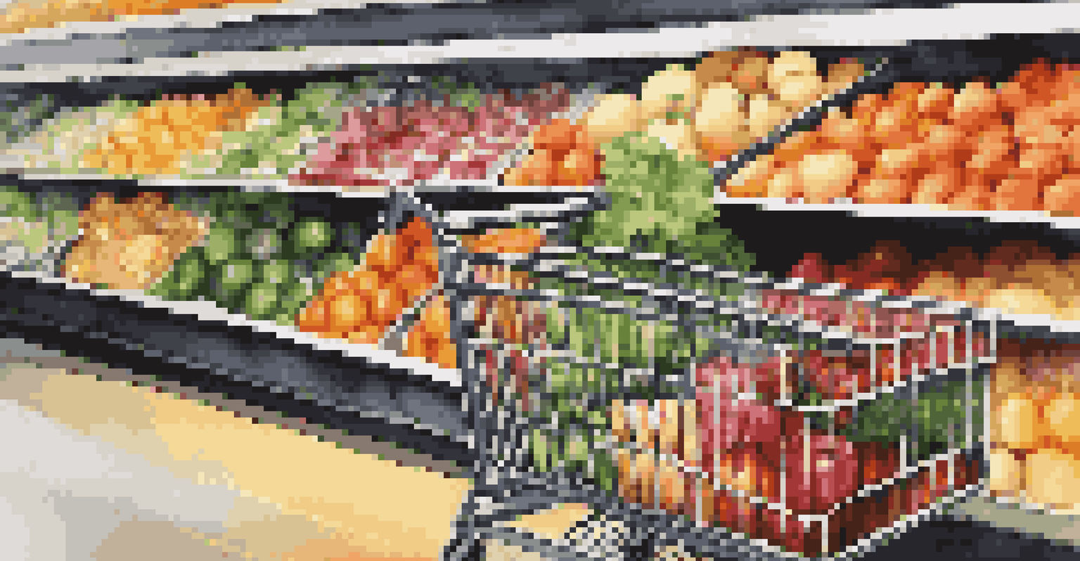 A shopping cart filled with fresh organic products in a grocery store aisle, showcasing a variety of fruits and vegetables.