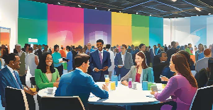 A lively networking event with entrepreneurs talking and exchanging business cards in a modern conference hall.