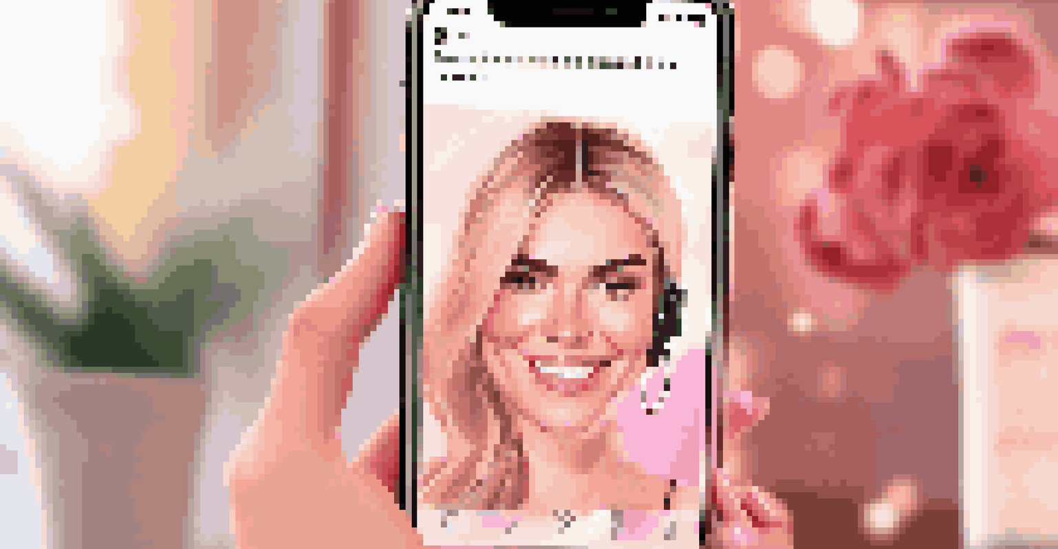 A close-up of a smartphone showing a social media post of an influencer promoting a beauty product, with warm lighting.