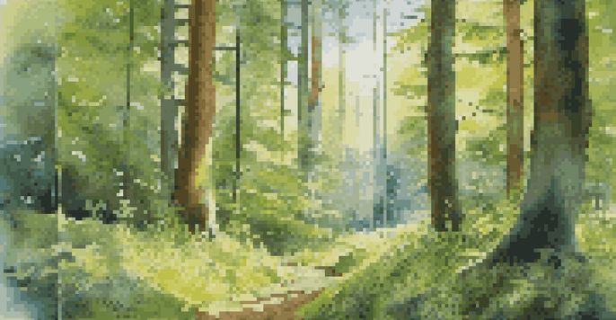 A peaceful forest with sunlight streaming through the trees, a mossy ground, and a sign indicating sustainable forestry certification.