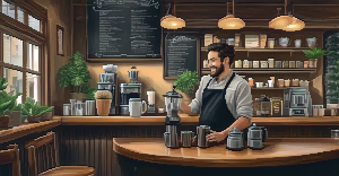 A barista serving coffee in a warm and inviting coffee shop with wooden furniture and soft lighting.