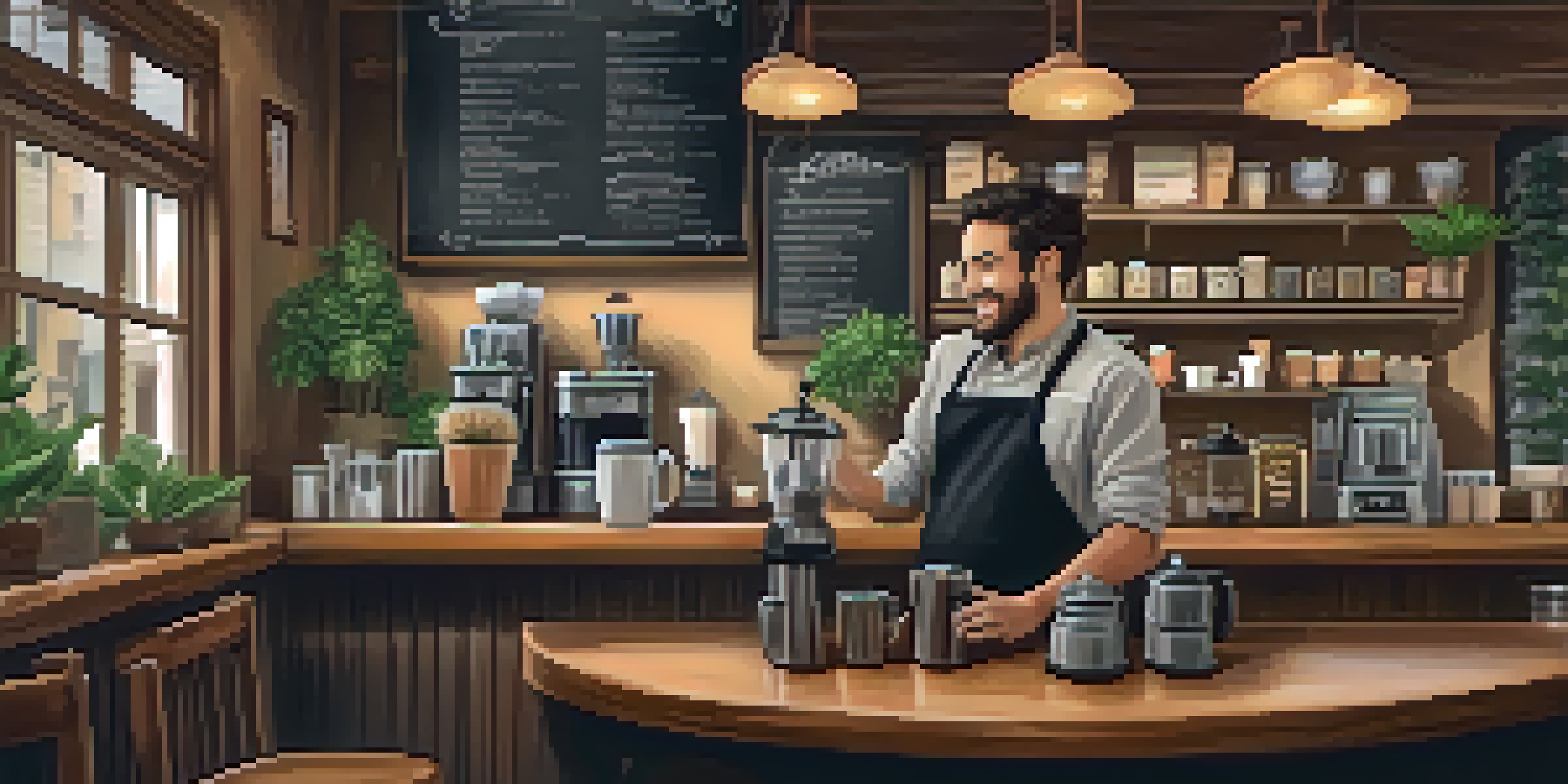 A barista serving coffee in a warm and inviting coffee shop with wooden furniture and soft lighting.