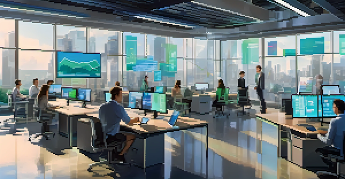 A diverse team working together in a bright office environment, analyzing data on digital devices.